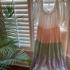 Puff-Sleeve Colorblock Midi Dress